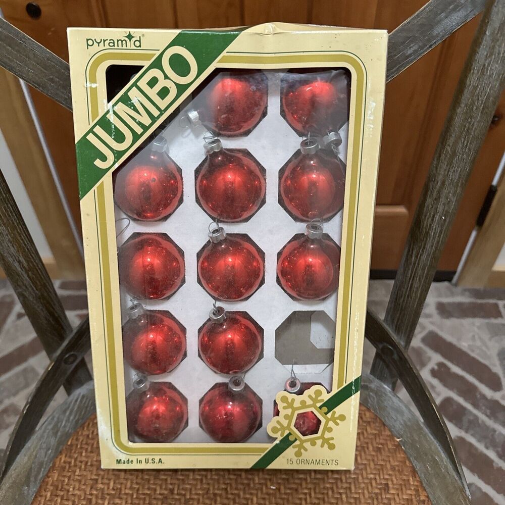 VTG Box of 13 Pyramid Jumbo Glass Christmas Ornaments 2" Round‎ Red